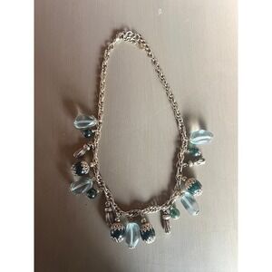 Bijoux Terner Necklace Silver Teal Green Sea Glass Beads Tassel Boho Beachy